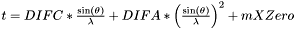 $ t = DIFC*\frac{\sin(\theta)}{\lambda} + DIFA*\left(\frac{\sin(\theta)}{\lambda}\right)^2 + mXZero$