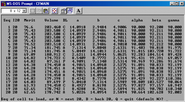 Crysfire summary list in Load Cell menu