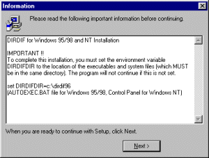 Win DIRDIF 99 setup screen, Environment Variable Information