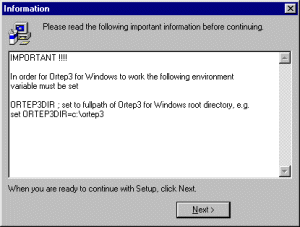 Ortep-3 setup screen, Environment Variable Information