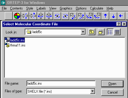 Opening a file in ORTEP